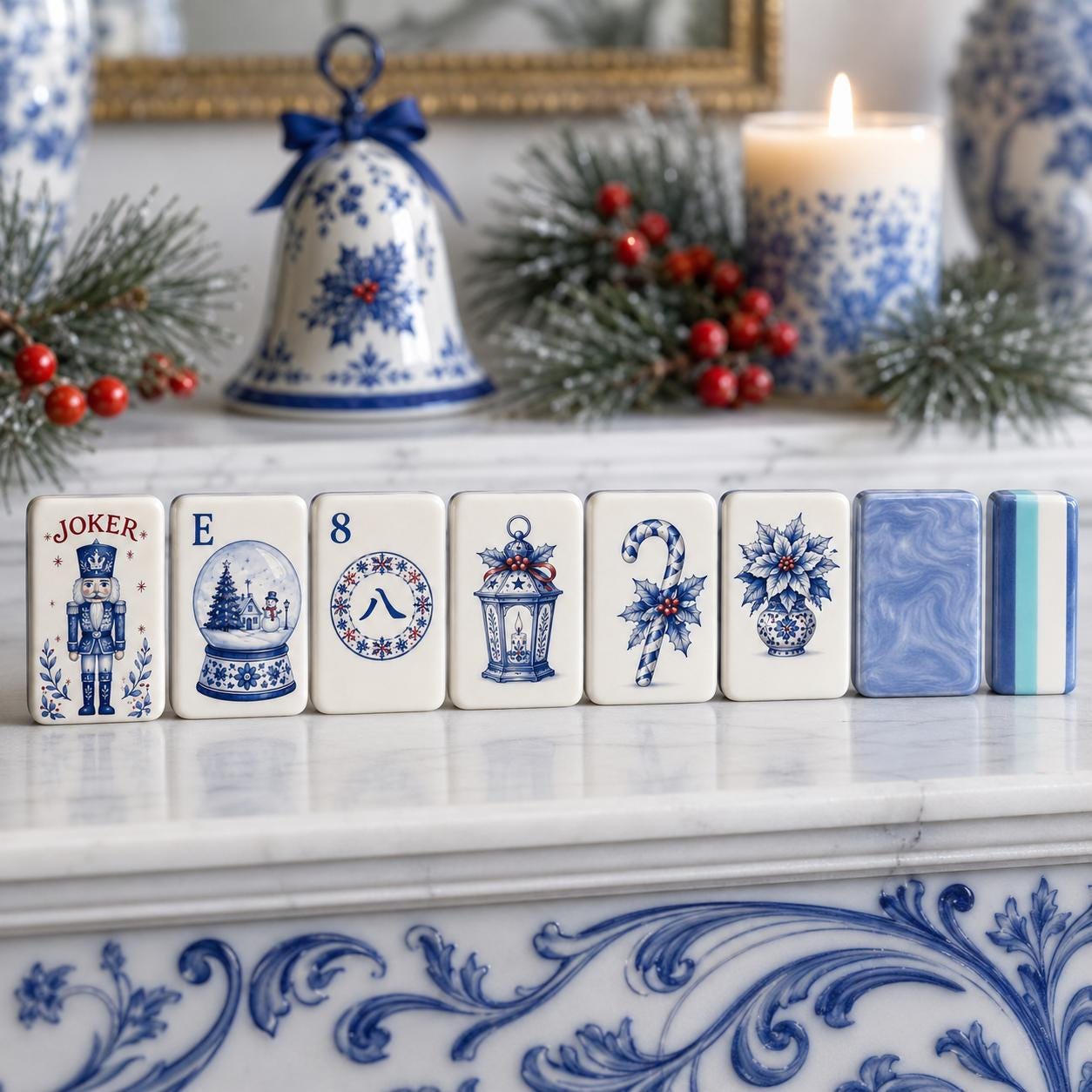 Blue White Christmas American Mahjong Set, Porcelain Style Acrylic 160 Tile Set, Winter Wonderland Mahjong Gift for Play