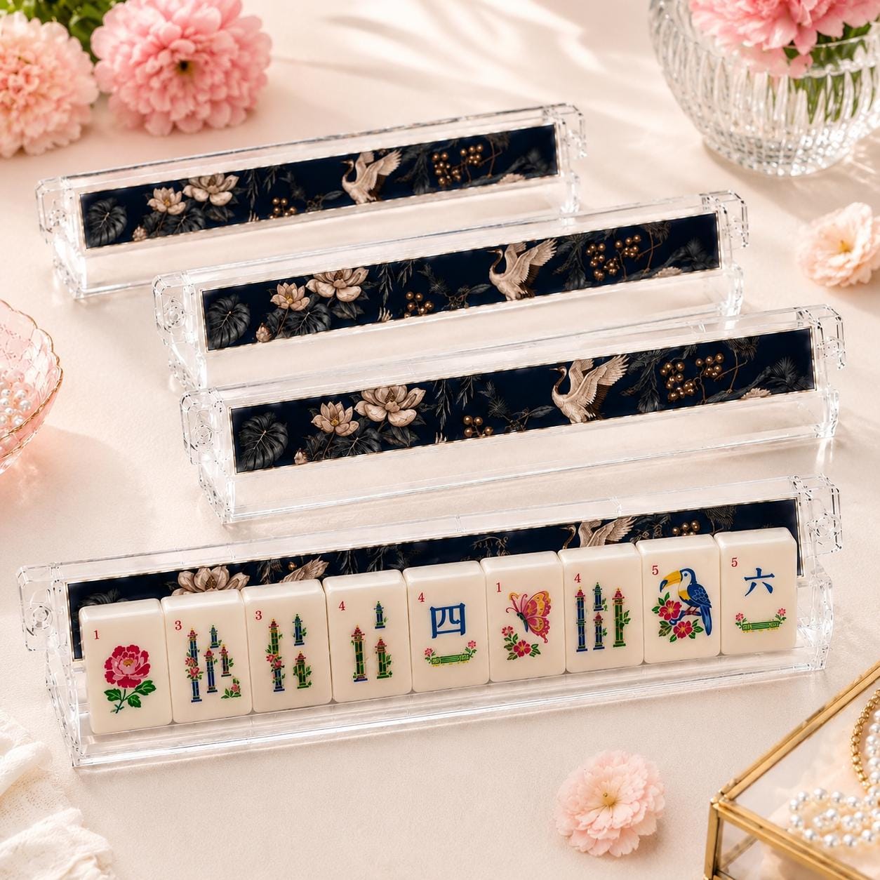 Navy Chinoiserie Crane Mahjong Tiles Set, Luxury Acrylic Mahjong Tiles, Elegant American Mahjong Set, Oriental Floral Ma