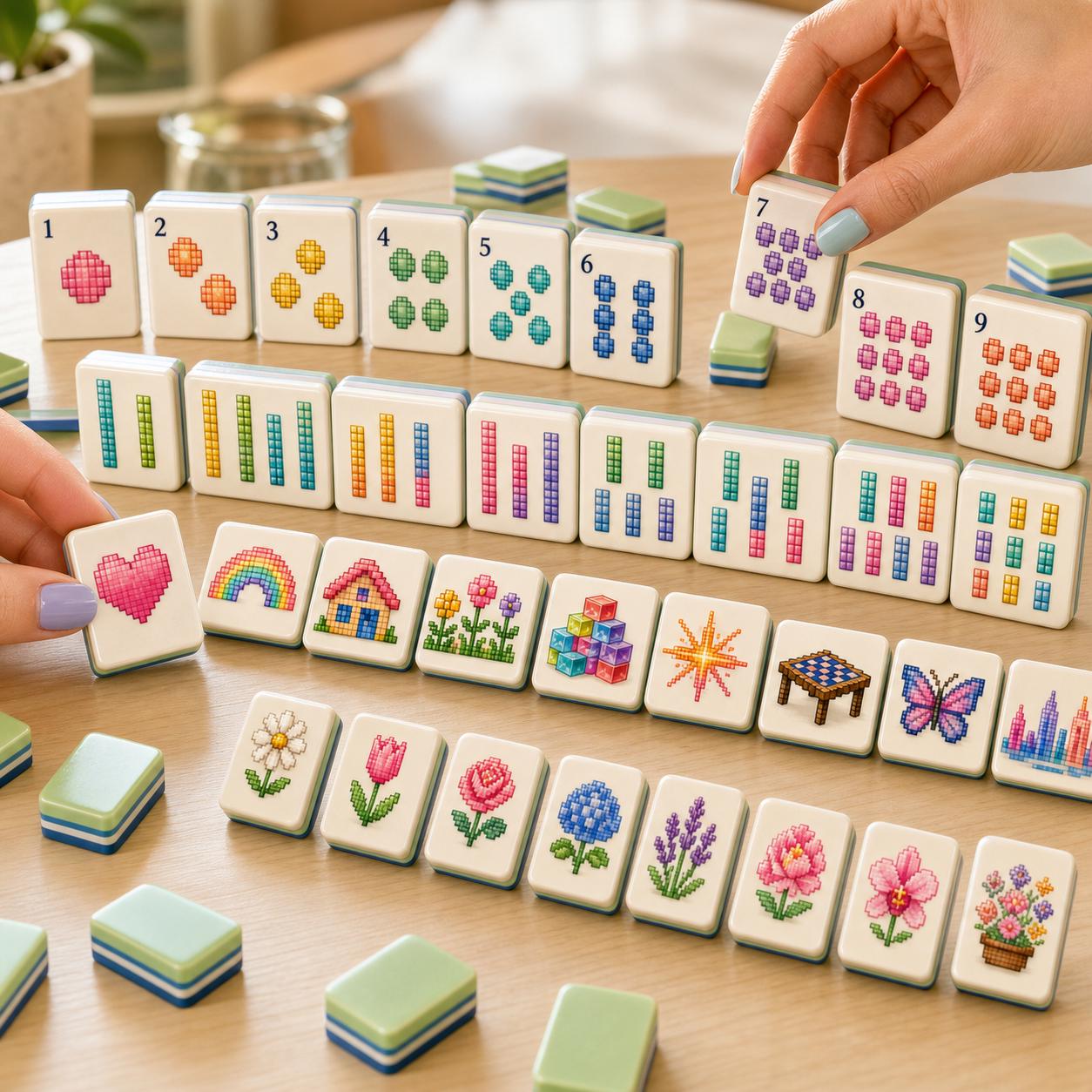 Pixel Art American Mahjong Tiles Set,Mint Green Back,Gradient Pixel Design,Cross-Stitch Style Game Tile,Retro Gaming Gif