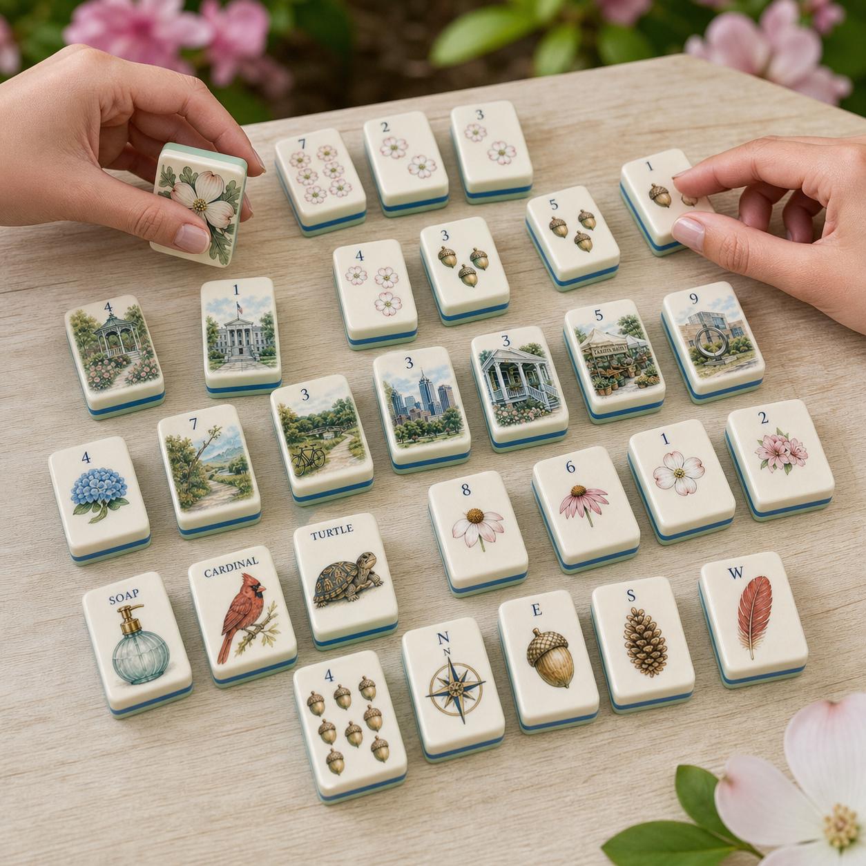 Raleigh Dogwood Garden American Mahjong Tiles, Travel Mahjong Set 1.2x0.9 Inch, Mint Green Back, Cardinal Oak Acorn Flor