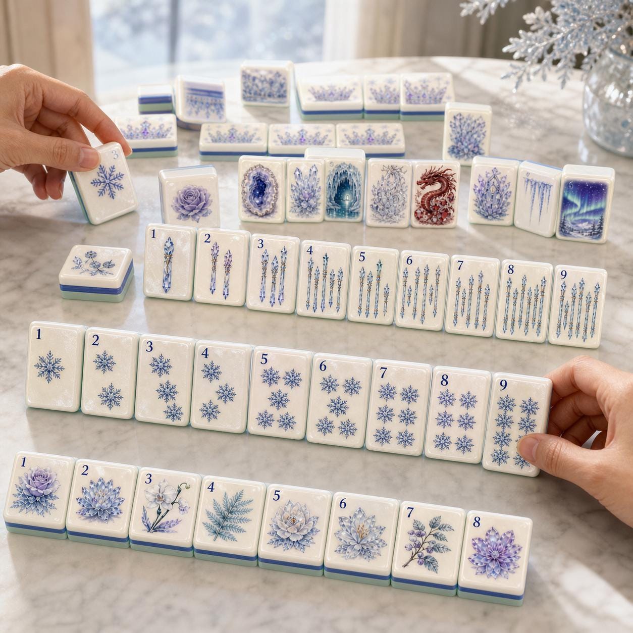 Snow Magic Winter Mahjong Set, American Style Ice Crystal Tiles, Frozen Aurora Geode Rose Castle Art, Holiday Game Night
