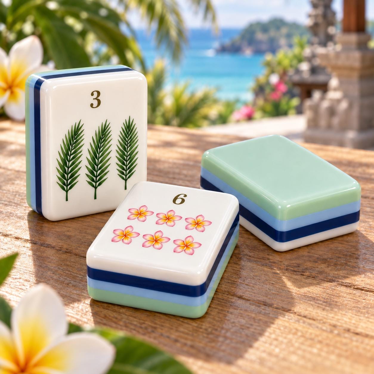 Bali American Mahjong Tiles, Tropical Resort & Retreat Set, Wellness Retreat Vacation Tiles, Plumeria Shell Temple Art -