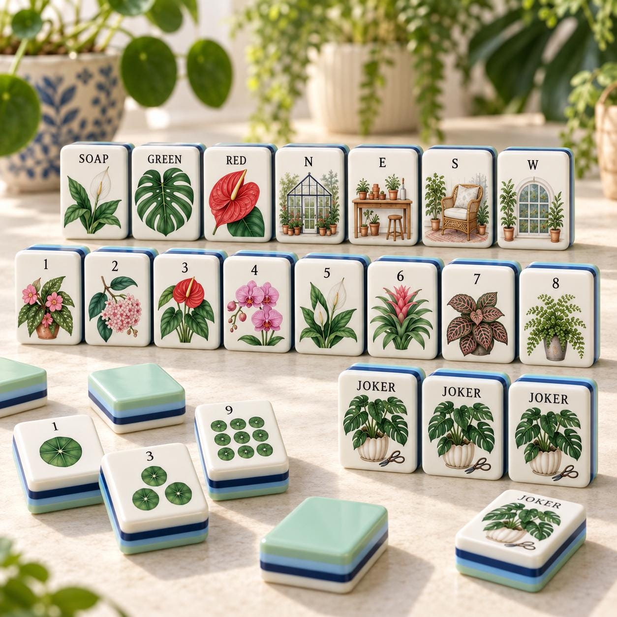 Botanical Workshop American Mahjong, Travel Mahjong Set with Potted Plant Pattern, Plant Lover Gift, Monstera Anthurium