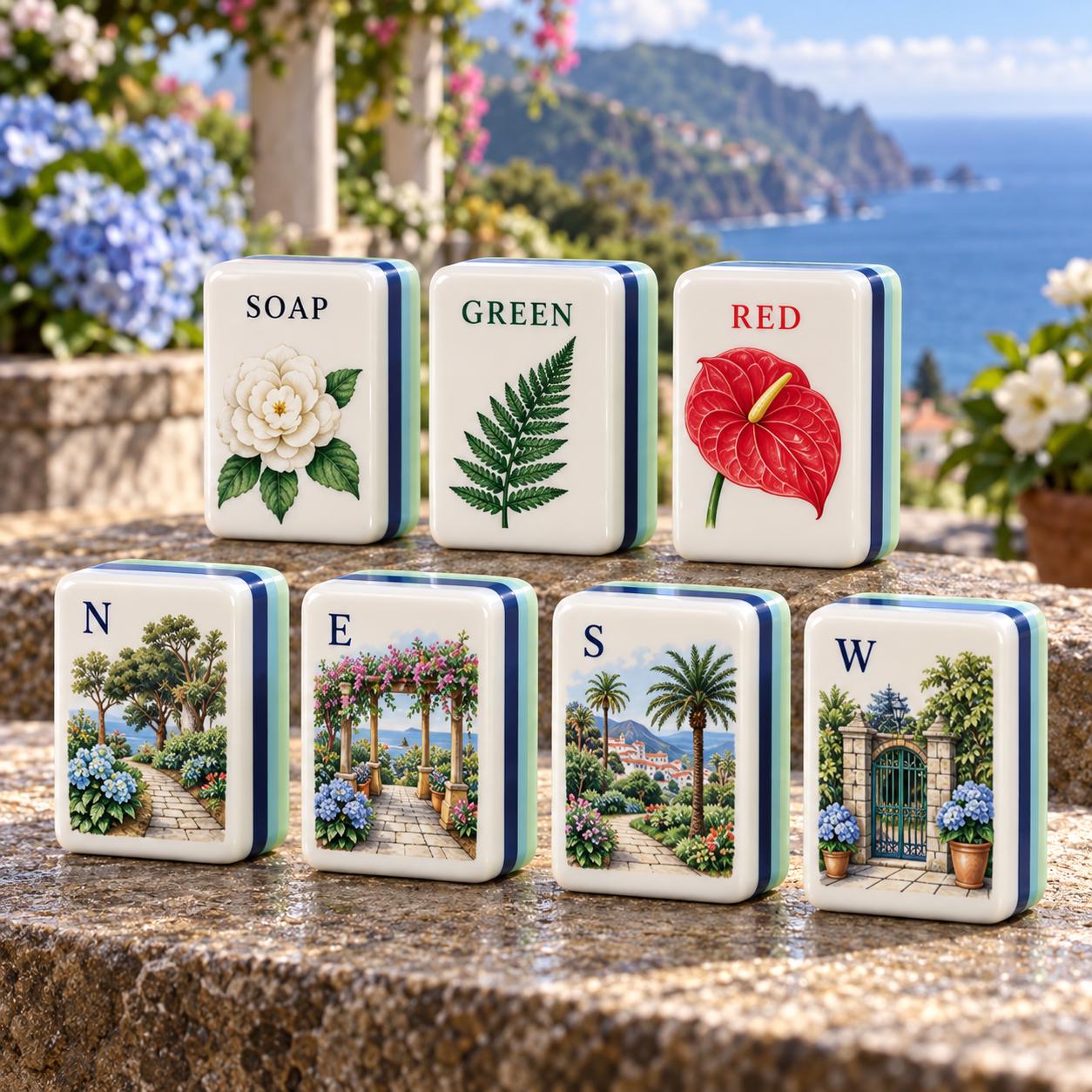 Amalfi Coast American Mahjong Set, Mediterranean Seaside Terrace Tiles, Hydrangea Bird of Paradise, Coastal Vacation Gif