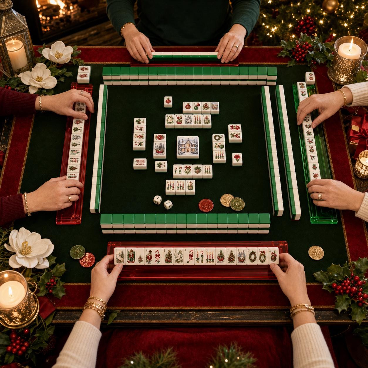 Christmas Holiday American Mahjong Tiles Set,Red Back Travel Mahjong, Holiday Poinsettia Wreath Dove Design,Festive Game