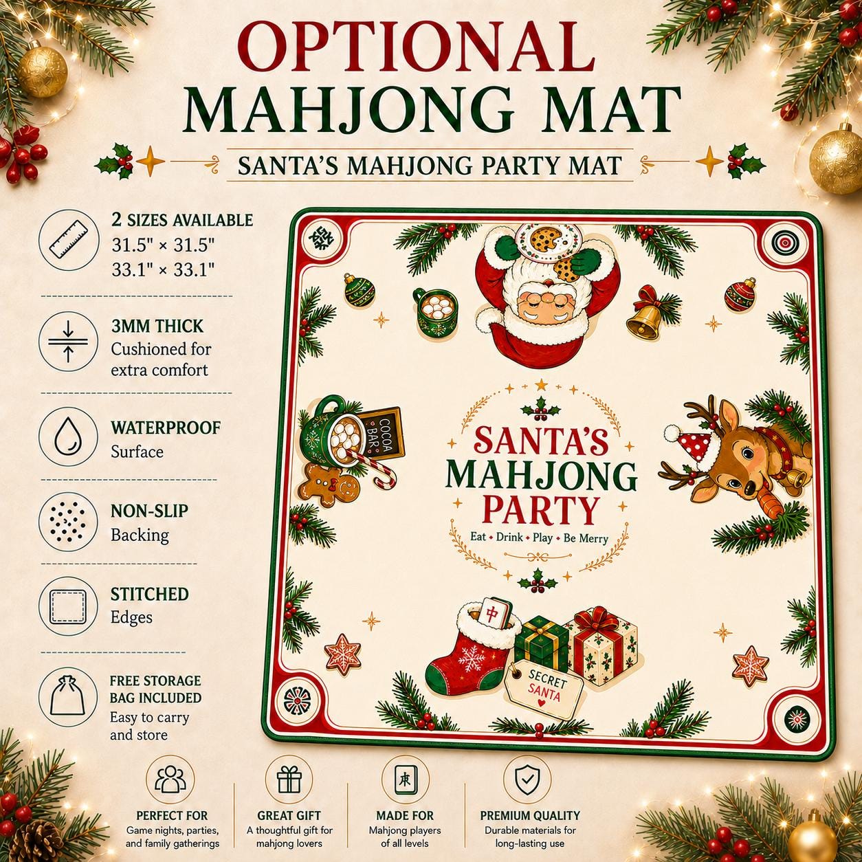 Santa Mahjong Party Set, Christmas Mah Jongg Tiles, 160-Piece American Mahjong Set, Holiday Game Night Gift for Women &