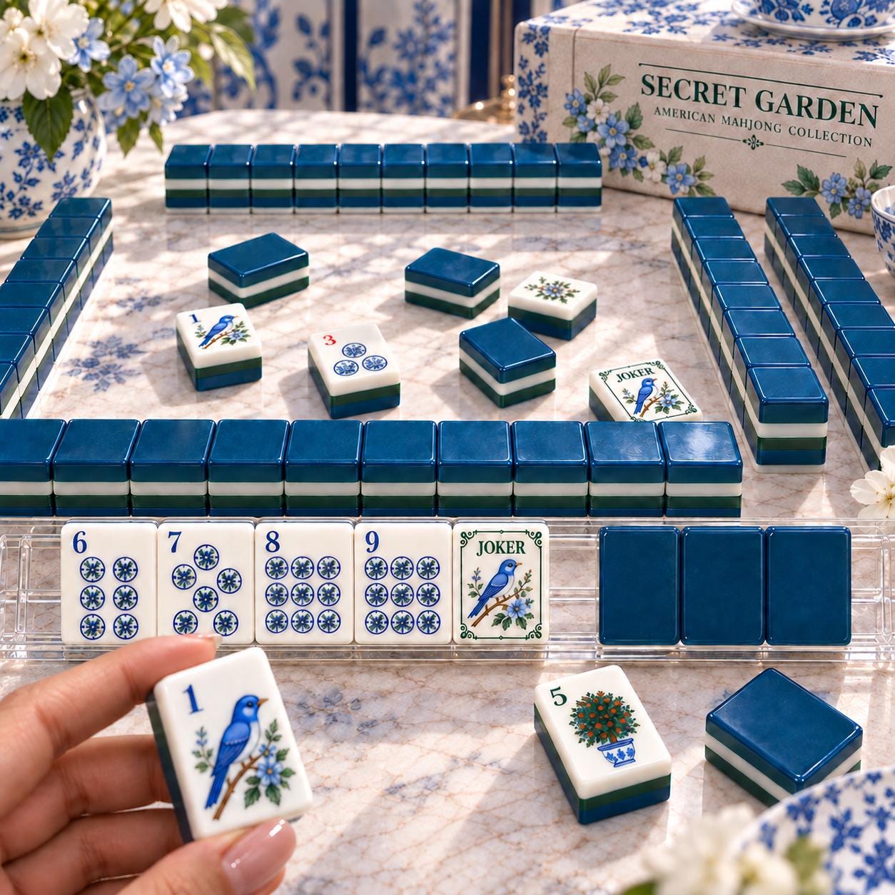 American Mahjong Set, Secret Garden Mahjong, Blue White Chinoiserie Tiles, 160 Acrylic Tiles, Custom Bulk Mahjong Gift -