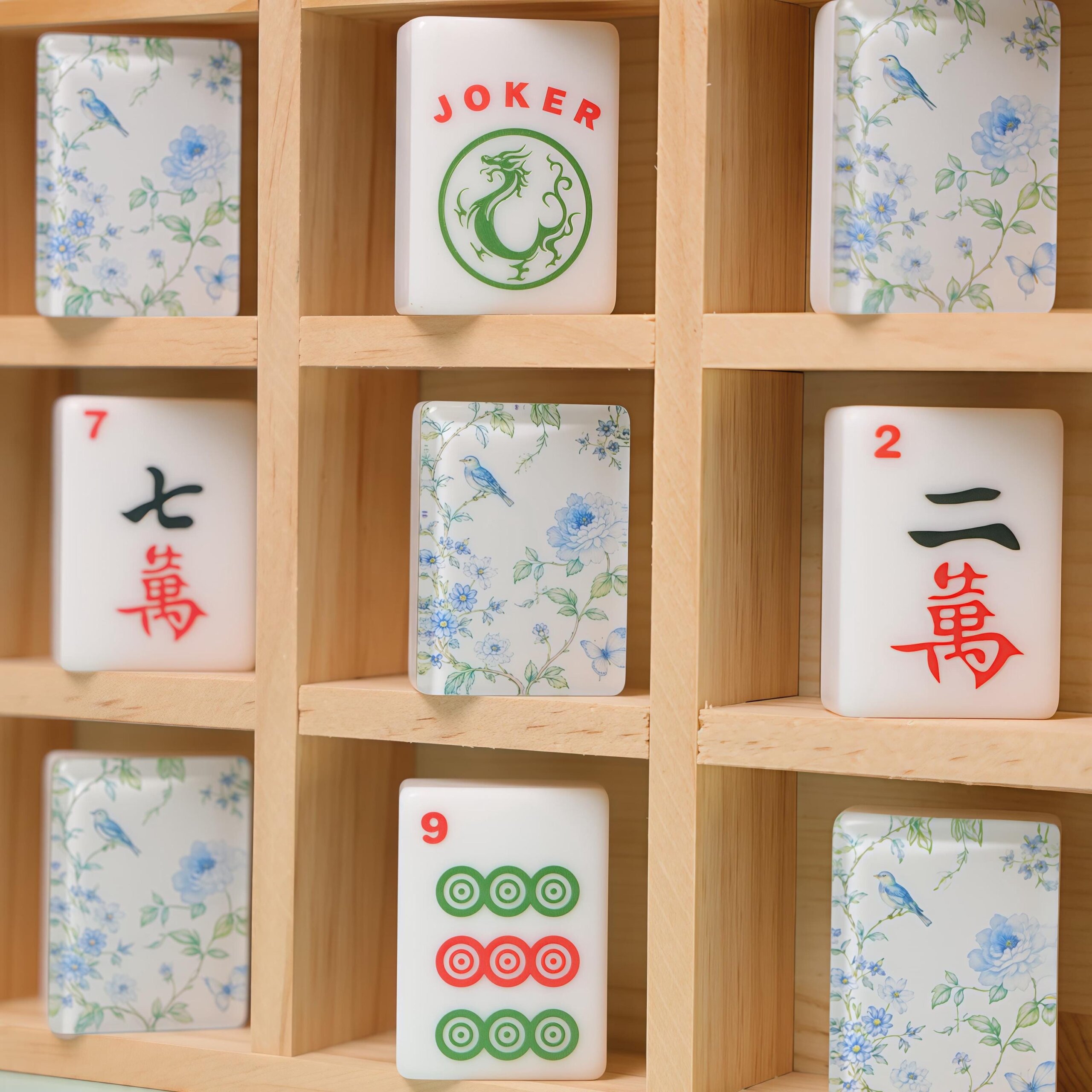 Blue Floral American Mahjong Set, Glossy Acrylic Tiles, Botanical Bird 160 Tile Game, Gift for Mahjong Lovers and Collec