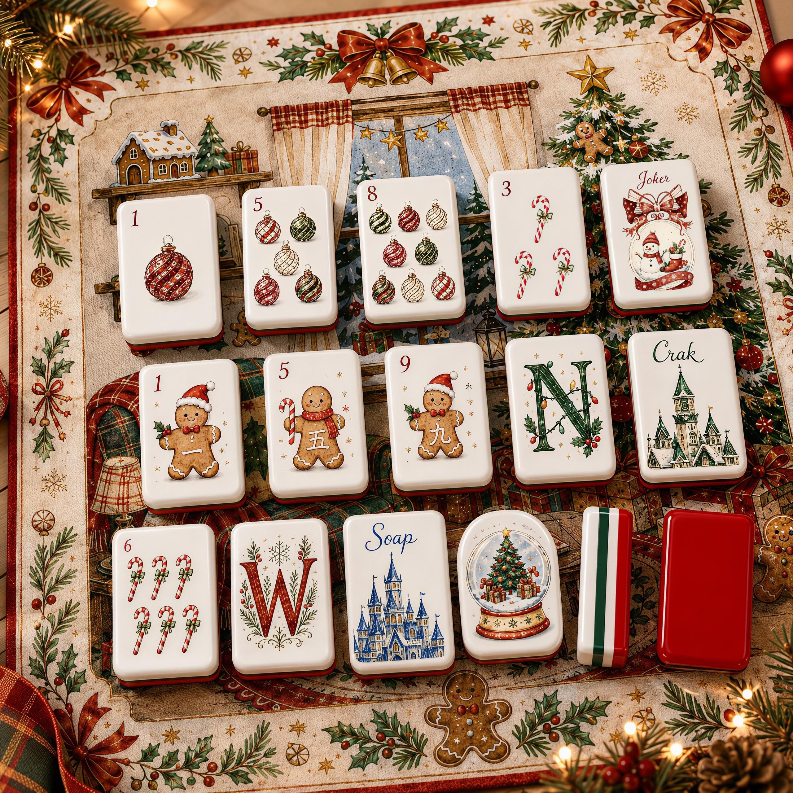 Christmas American Mahjong Set, Holiday Acrylic 160 Tile Set, Red Green Winter Mahjong Tiles, Festive Gift for Mahjong L