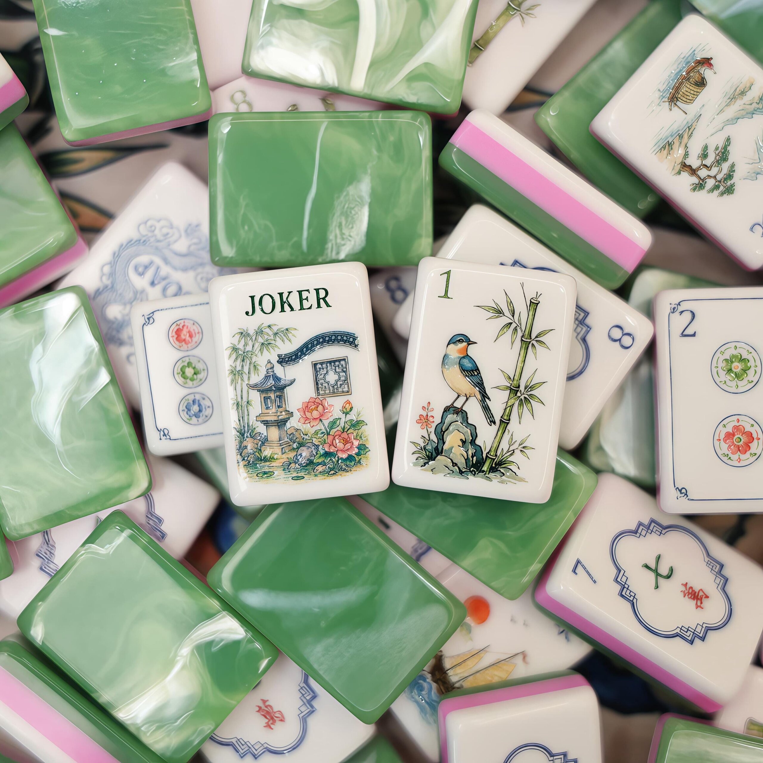 American Mahjong Set, 160 Acrylic Tiles, Retro Chinese Garden Art, Green Layered Edge, Mahjong Gift for Women and Game N