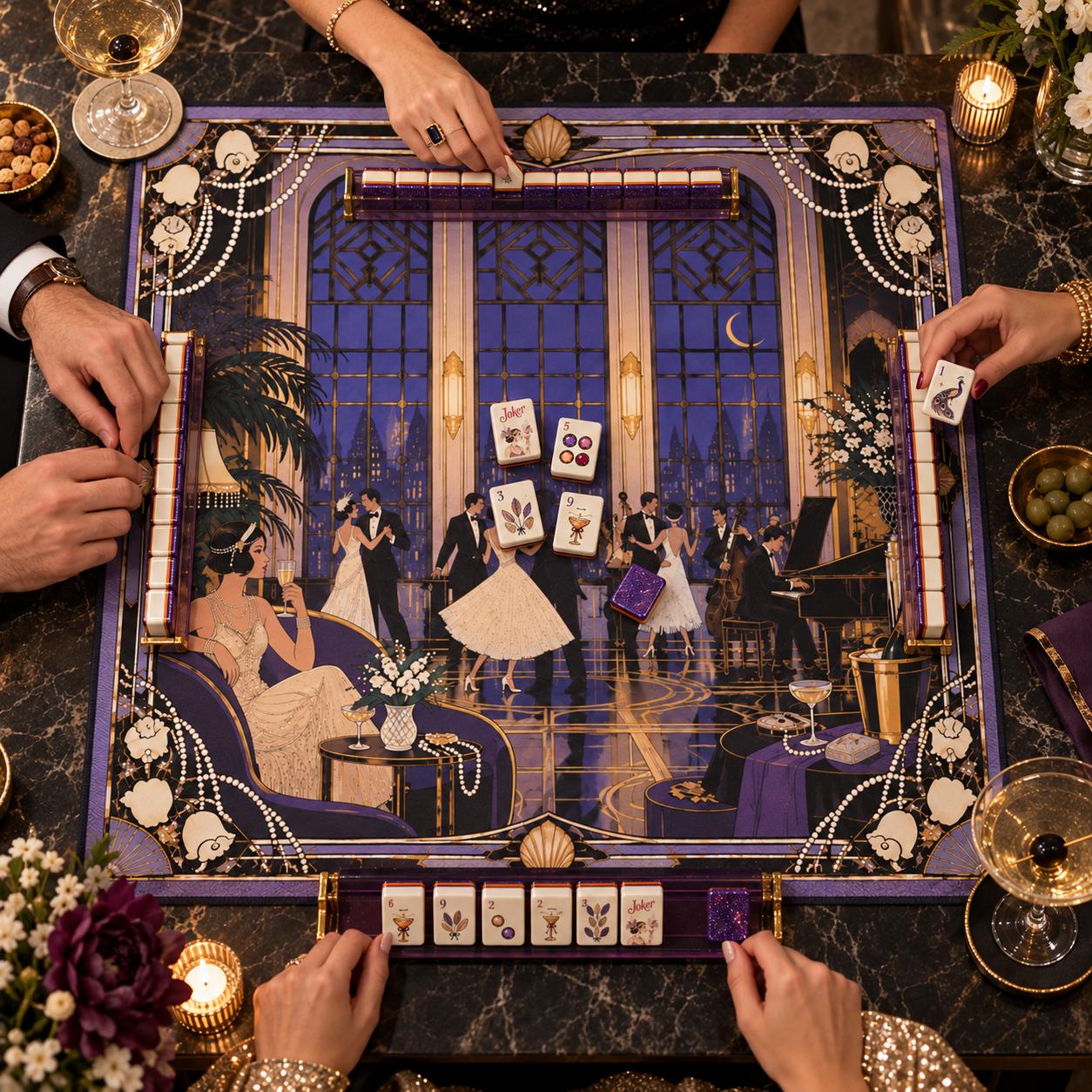 Cocktail Mahjong Set American Mahjong Tiles, Purple Luxury Design with Vintage Evening Party Style, Elegant Classic Game