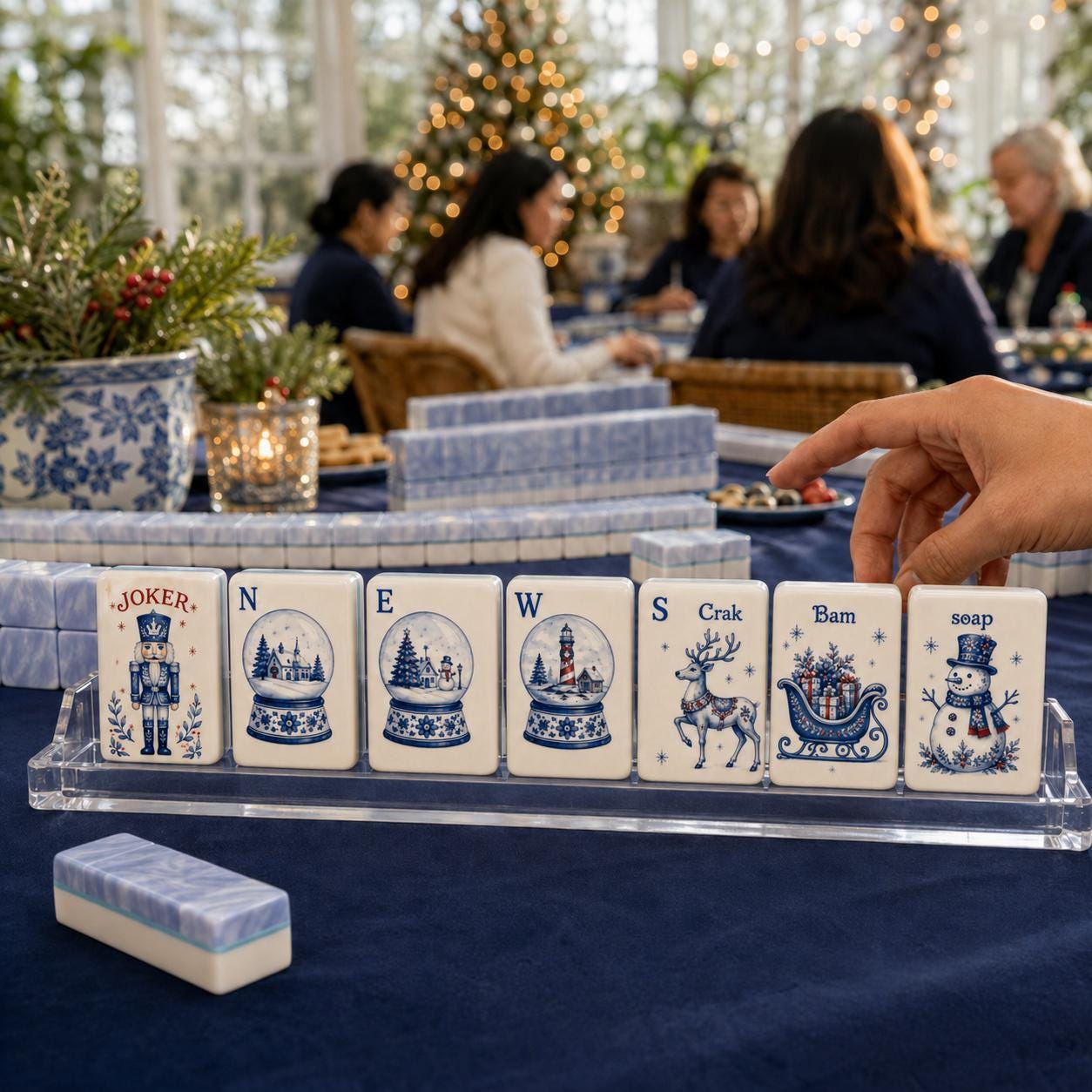 Blue White Christmas American Mahjong Set, Porcelain Style Acrylic 160 Tile Set, Winter Wonderland Mahjong Gift for Play