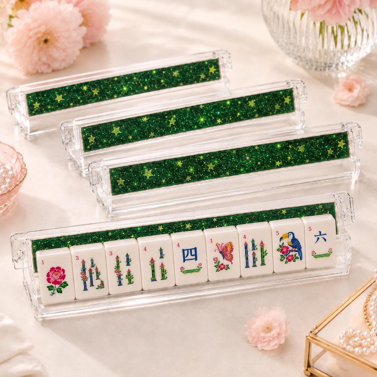 Christmas Mahjong Tiles Set, Green Glitter American Mahjong Tiles, Santa Reindeer Gingerbread Joker Tiles, Festive Holid