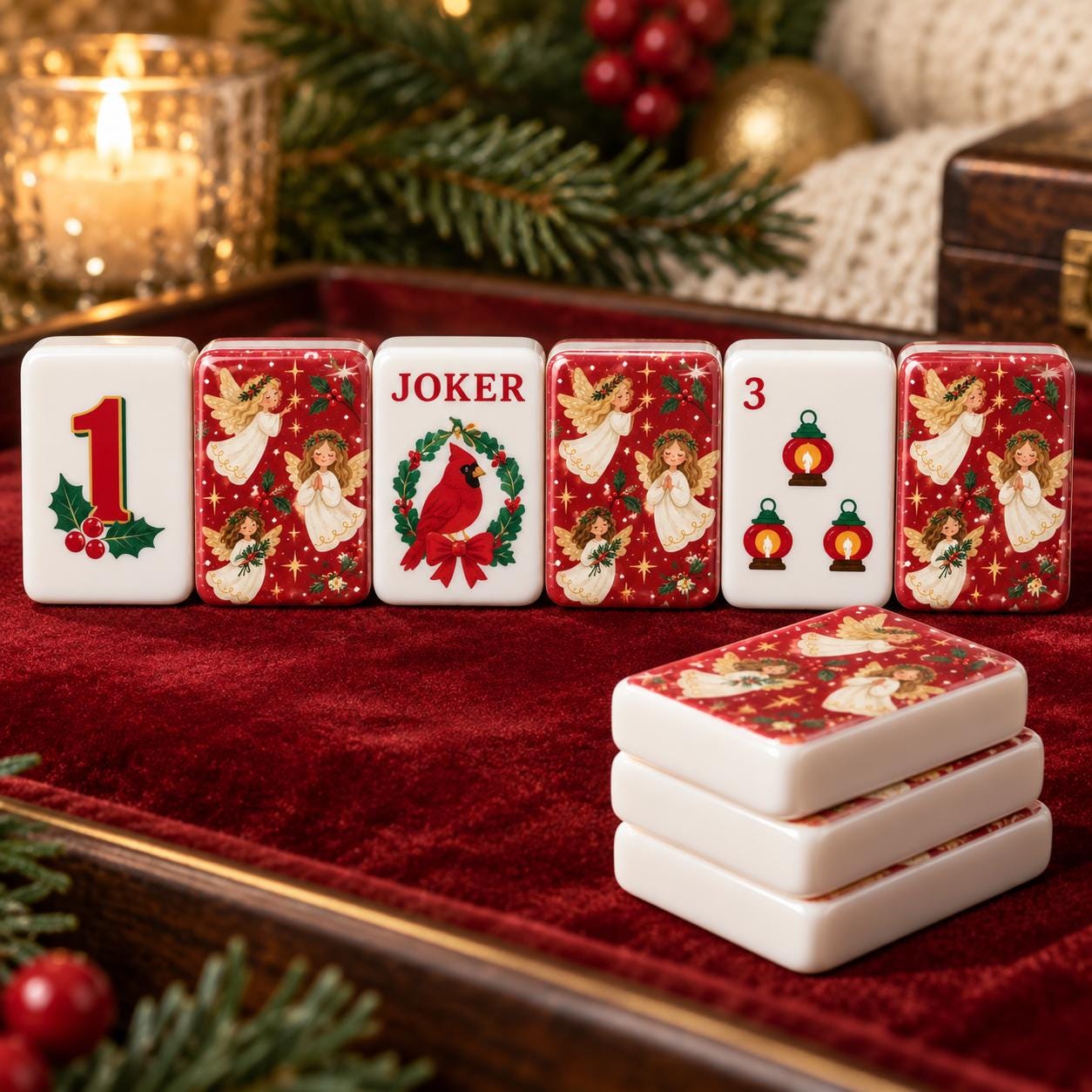 Christmas Angel Mahjong Tiles, 1.4" Cardinal Joker Mahjong Set, Red Holiday Mah Jongg Tiles, Vintage Christmas Mahjong G