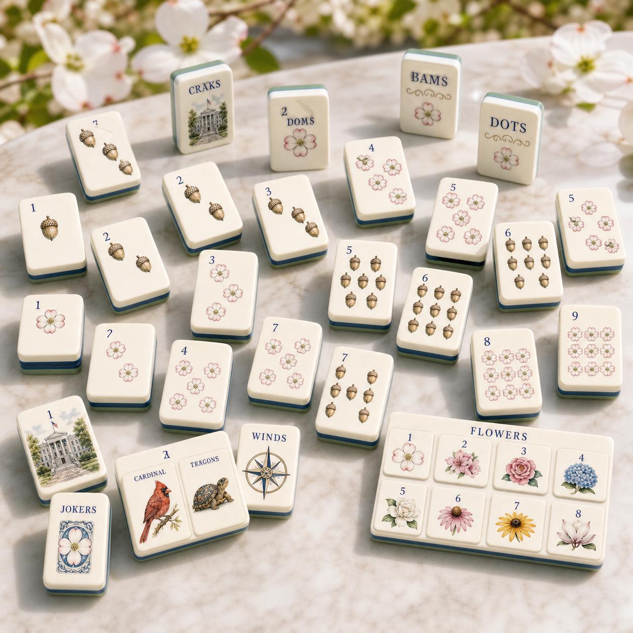 Raleigh Dogwood Garden American Mahjong Tiles, Travel Mahjong Set 1.2x0.9 Inch, Mint Green Back, Cardinal Oak Acorn Flor