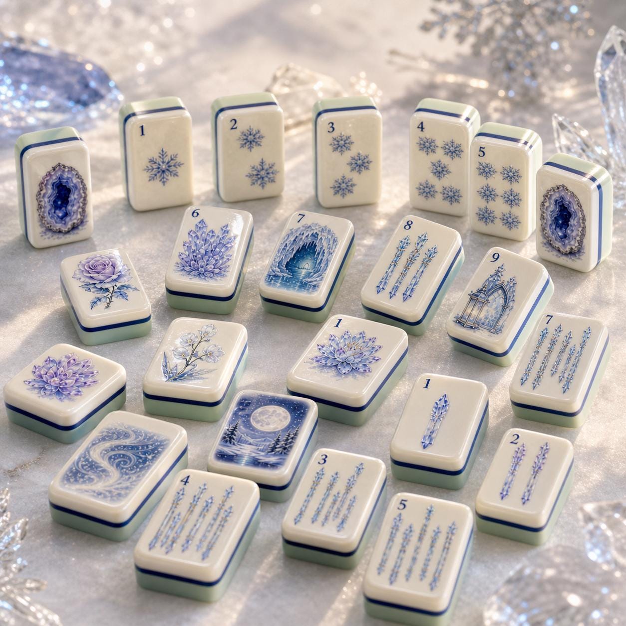 Snow Magic Winter Mahjong Set, American Style Ice Crystal Tiles, Frozen Aurora Geode Rose Castle Art, Holiday Game Night
