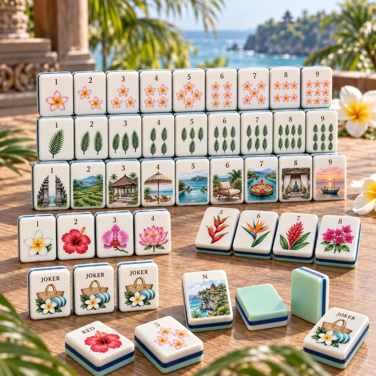 Bali American Mahjong Tiles, Tropical Resort & Retreat Set, Wellness Retreat Vacation Tiles, Plumeria Shell Temple Art -