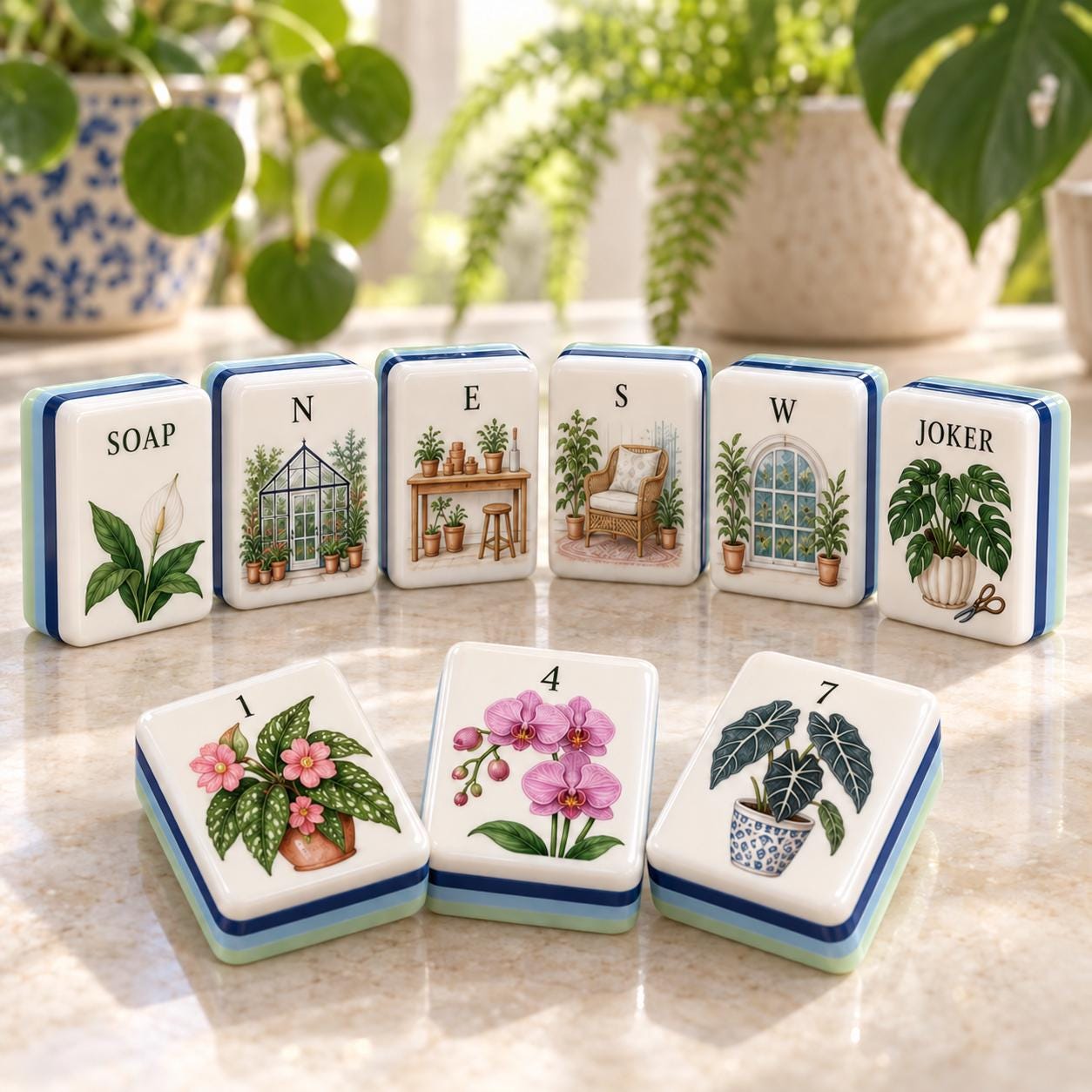 Botanical Workshop American Mahjong, Travel Mahjong Set with Potted Plant Pattern, Plant Lover Gift, Monstera Anthurium
