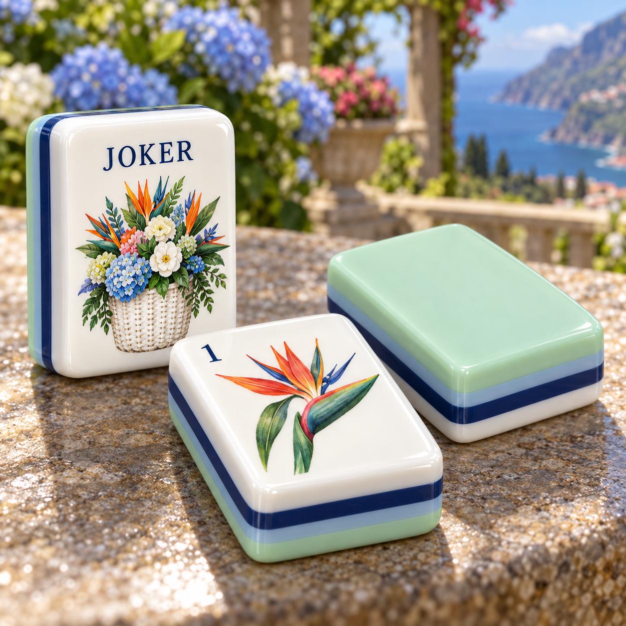 Amalfi Coast American Mahjong Set, Mediterranean Seaside Terrace Tiles, Hydrangea Bird of Paradise, Coastal Vacation Gif