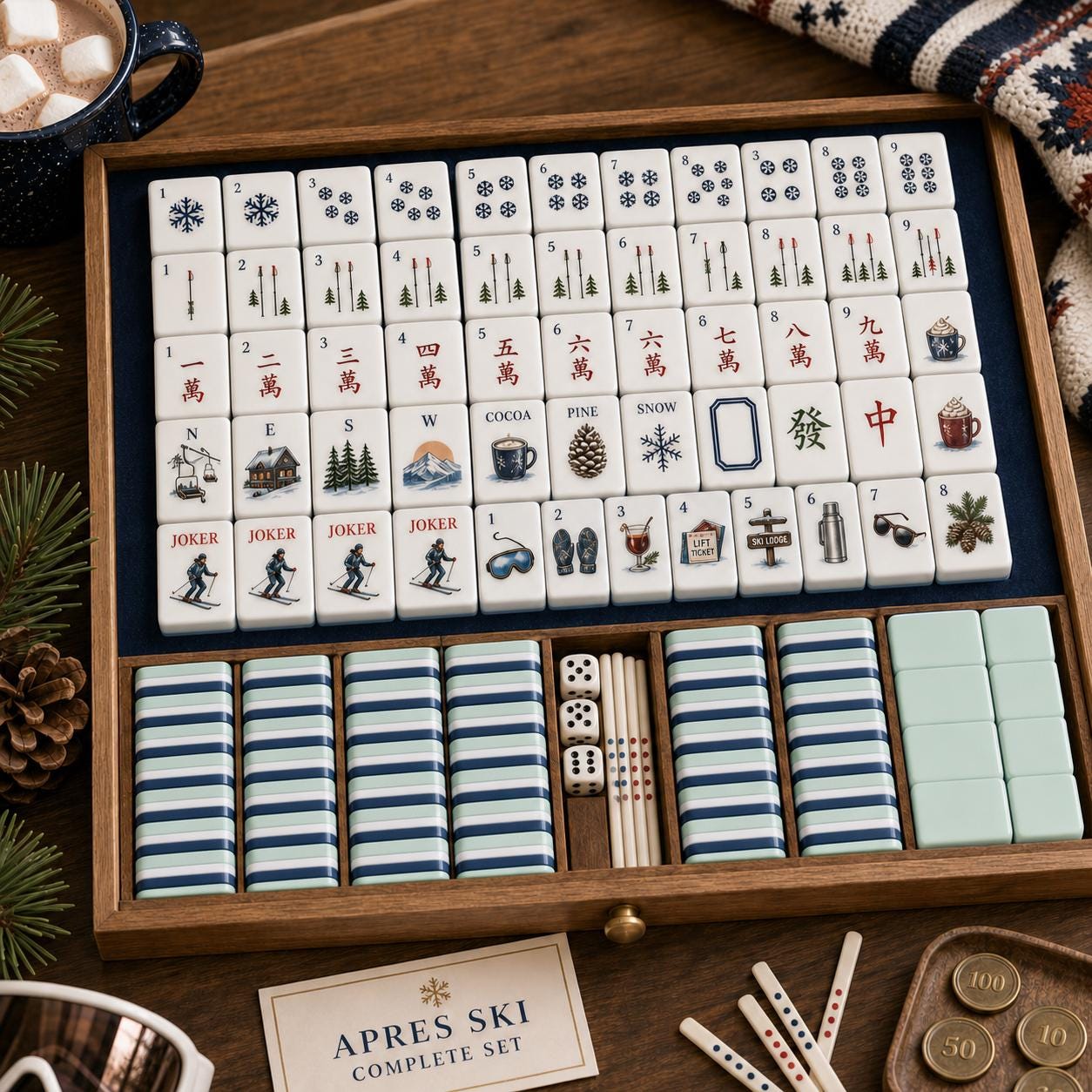 Winter Ski Resort American Mahjong Set, Cozy Alpine Themed Tiles, Mountain Cabin & Pine Trees, Holiday Gathering, Family