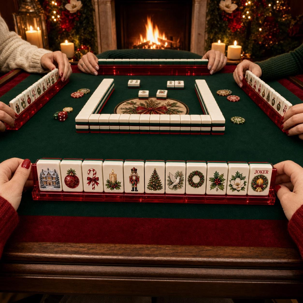 Christmas Holiday American Mahjong Tiles Set,Red Back Travel Mahjong, Holiday Poinsettia Wreath Dove Design,Festive Game