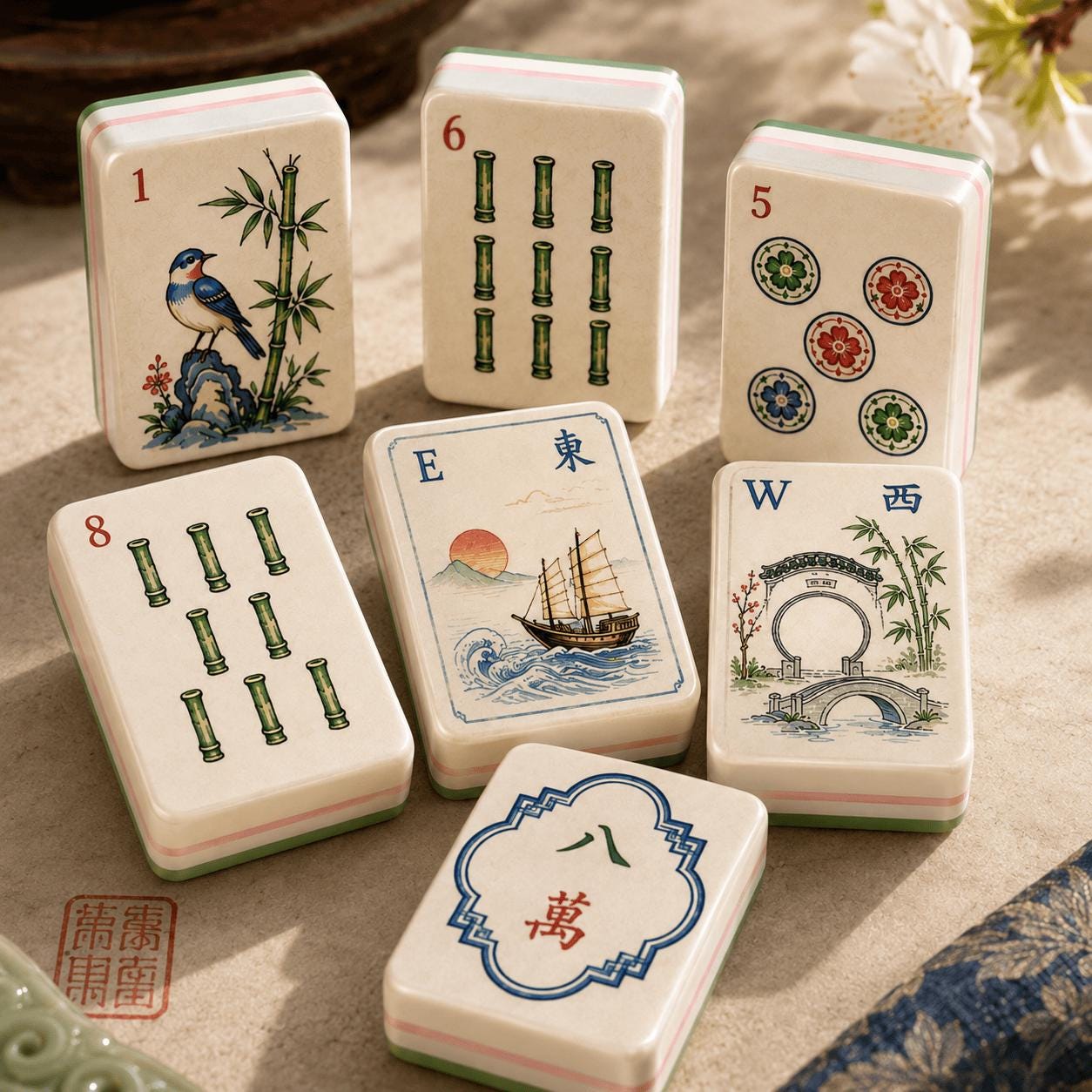 American Mahjong Set, 160 Acrylic Tiles, Retro Chinese Garden Art, Green Layered Edge, Mahjong Gift for Women and Game N