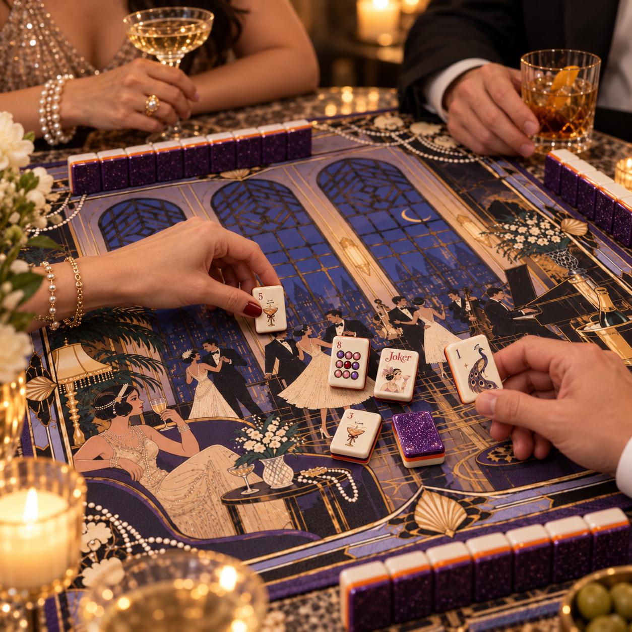 Cocktail Mahjong Set American Mahjong Tiles, Purple Luxury Design with Vintage Evening Party Style, Elegant Classic Game