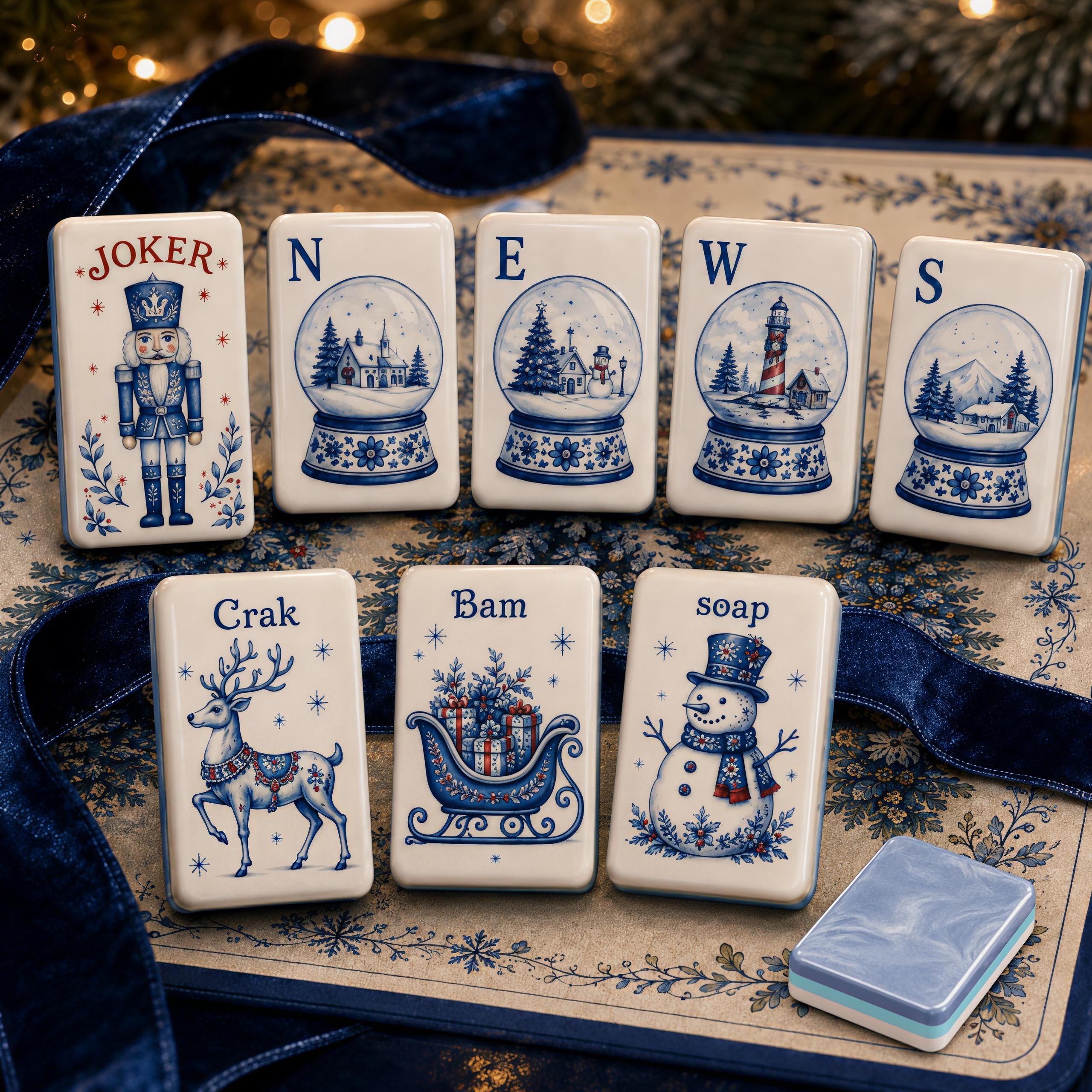 Blue White Christmas American Mahjong Set, Porcelain Style Acrylic 160 Tile Set, Winter Wonderland Mahjong Gift for Play