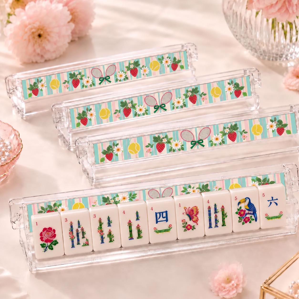 Pink Chinoiserie Christmas Mahjong Tiles, 4-Layered Holiday Mahjong Set, Ginger Jar Christmas Tree Tiles, Preppy America