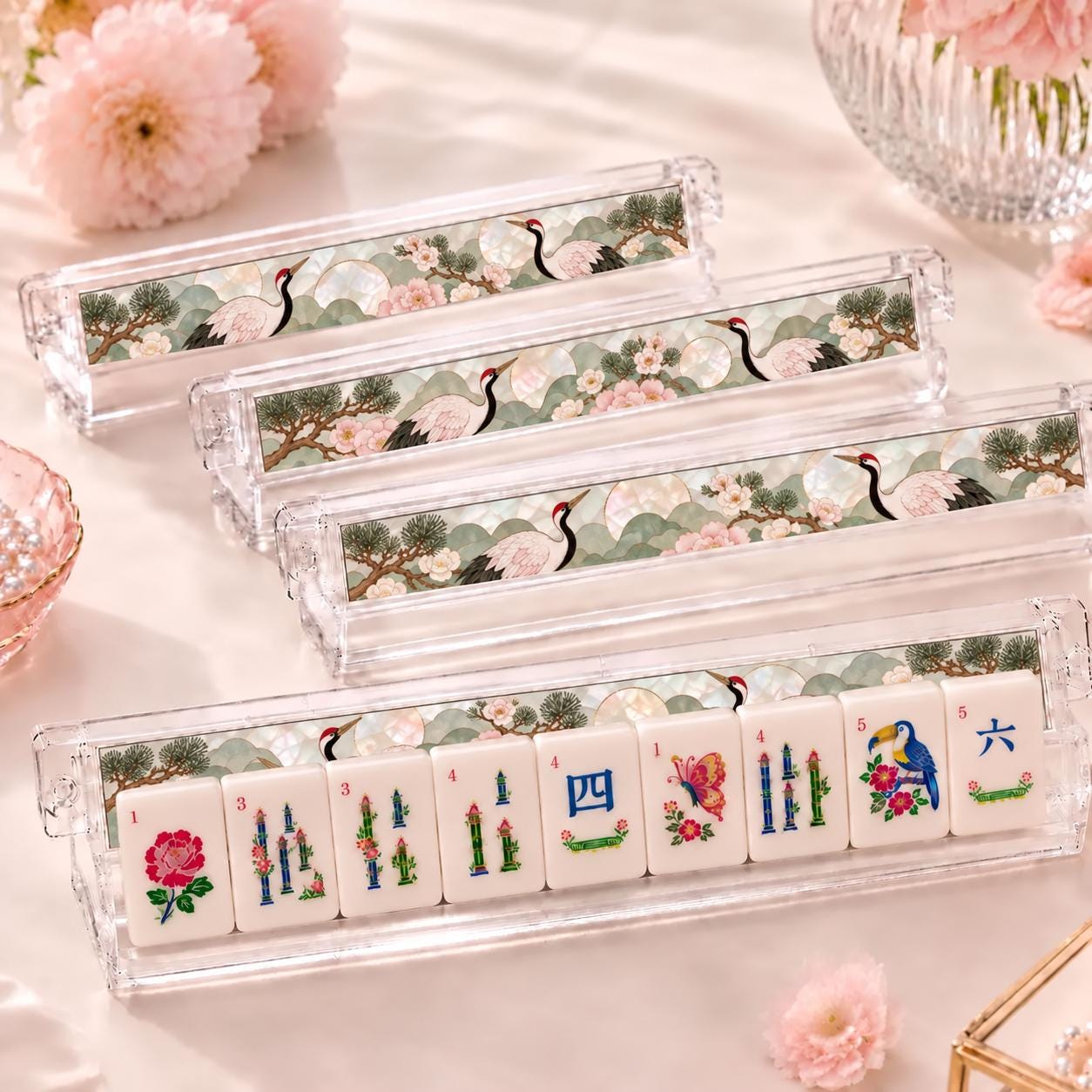 Crane and Pine Mahjong Tiles, 4-Layer American Mahjong Set, Faux Mother of Pearl Design, Pink and Green Chinoiserie, Hos
