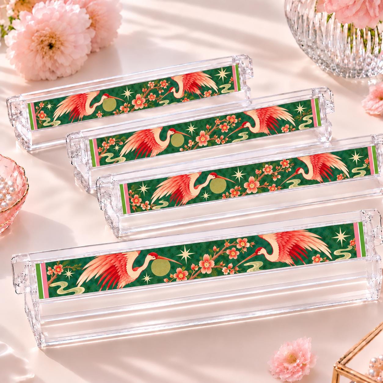 Crane Cherry Blossom Mahjong Tiles, Pink Green Chinoiserie 4-Layer American Mahjong Set, Mahjong Gift for Her - 13