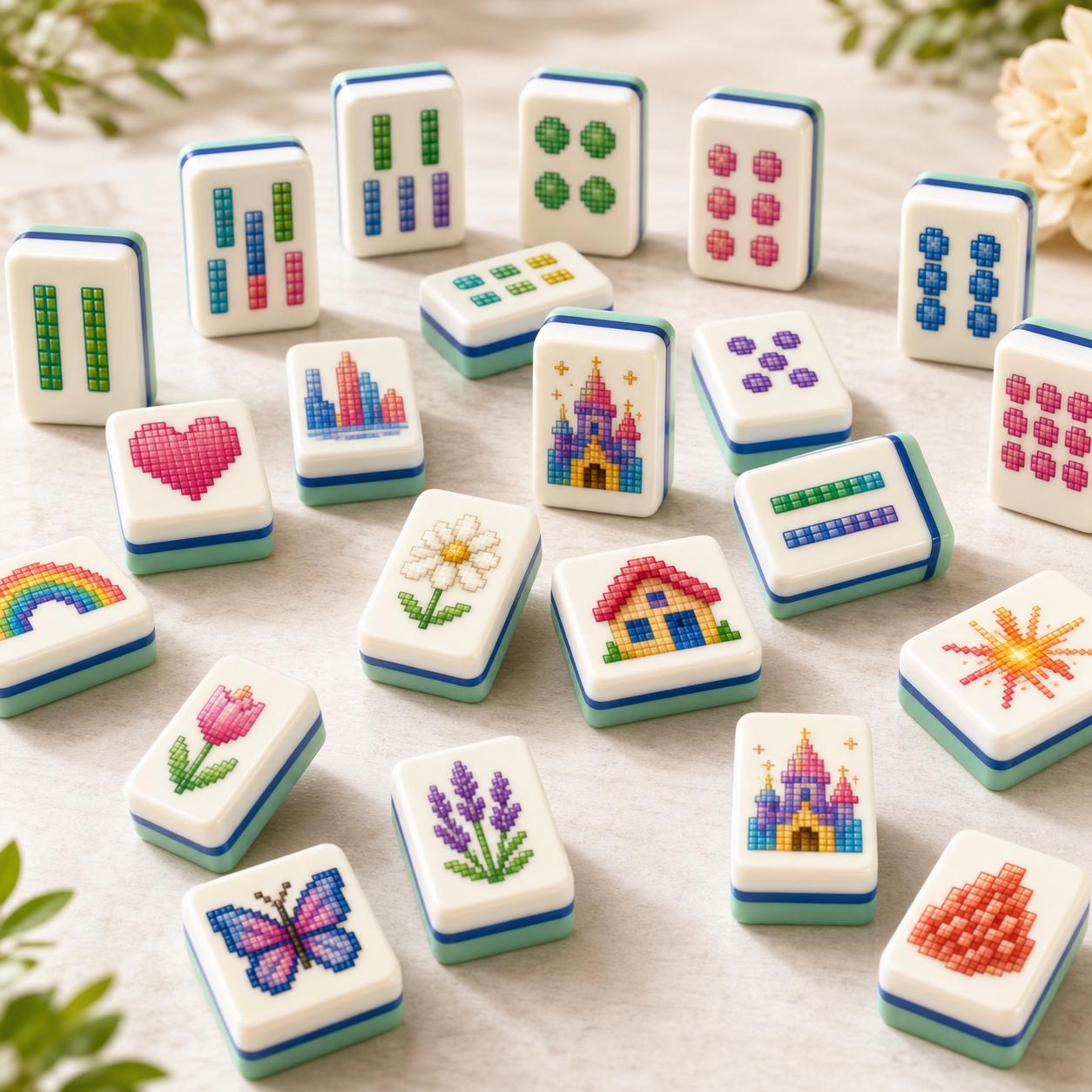 Pixel Art American Mahjong Tiles Set,Mint Green Back,Gradient Pixel Design,Cross-Stitch Style Game Tile,Retro Gaming Gif