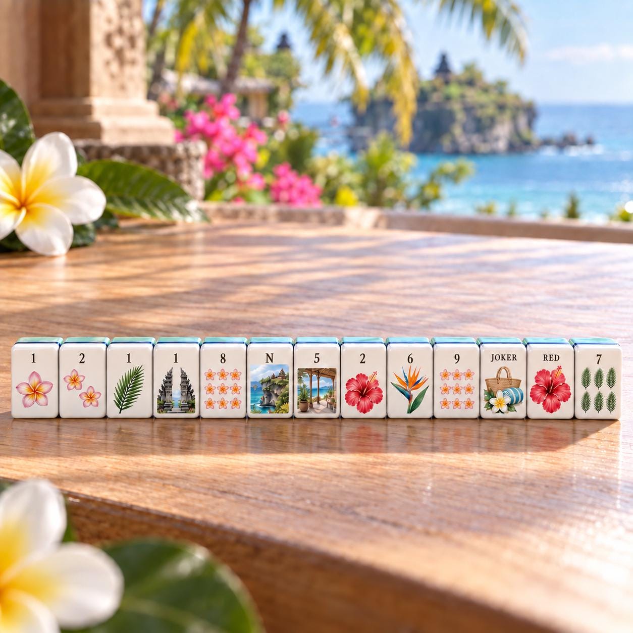 Bali American Mahjong Tiles, Tropical Resort & Retreat Set, Wellness Retreat Vacation Tiles, Plumeria Shell Temple Art -