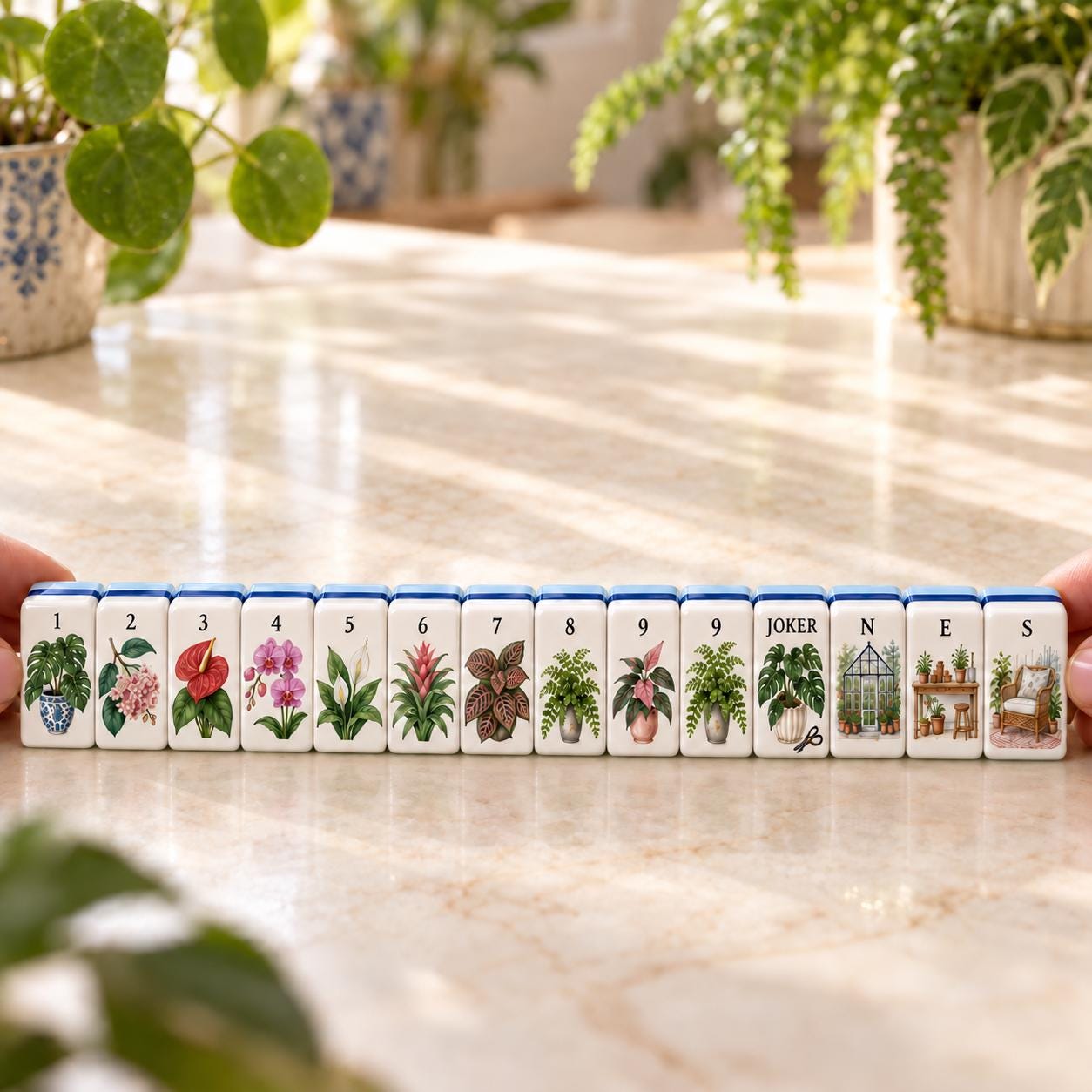 Botanical Workshop American Mahjong, Travel Mahjong Set with Potted Plant Pattern, Plant Lover Gift, Monstera Anthurium