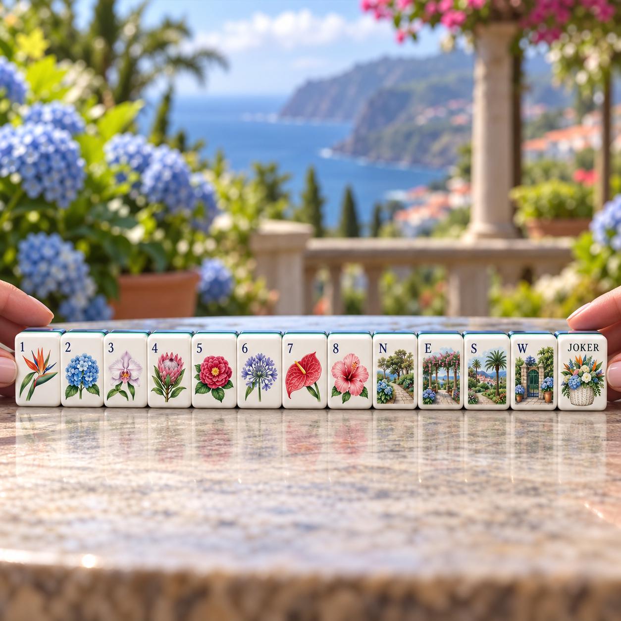 Amalfi Coast American Mahjong Set, Mediterranean Seaside Terrace Tiles, Hydrangea Bird of Paradise, Coastal Vacation Gif