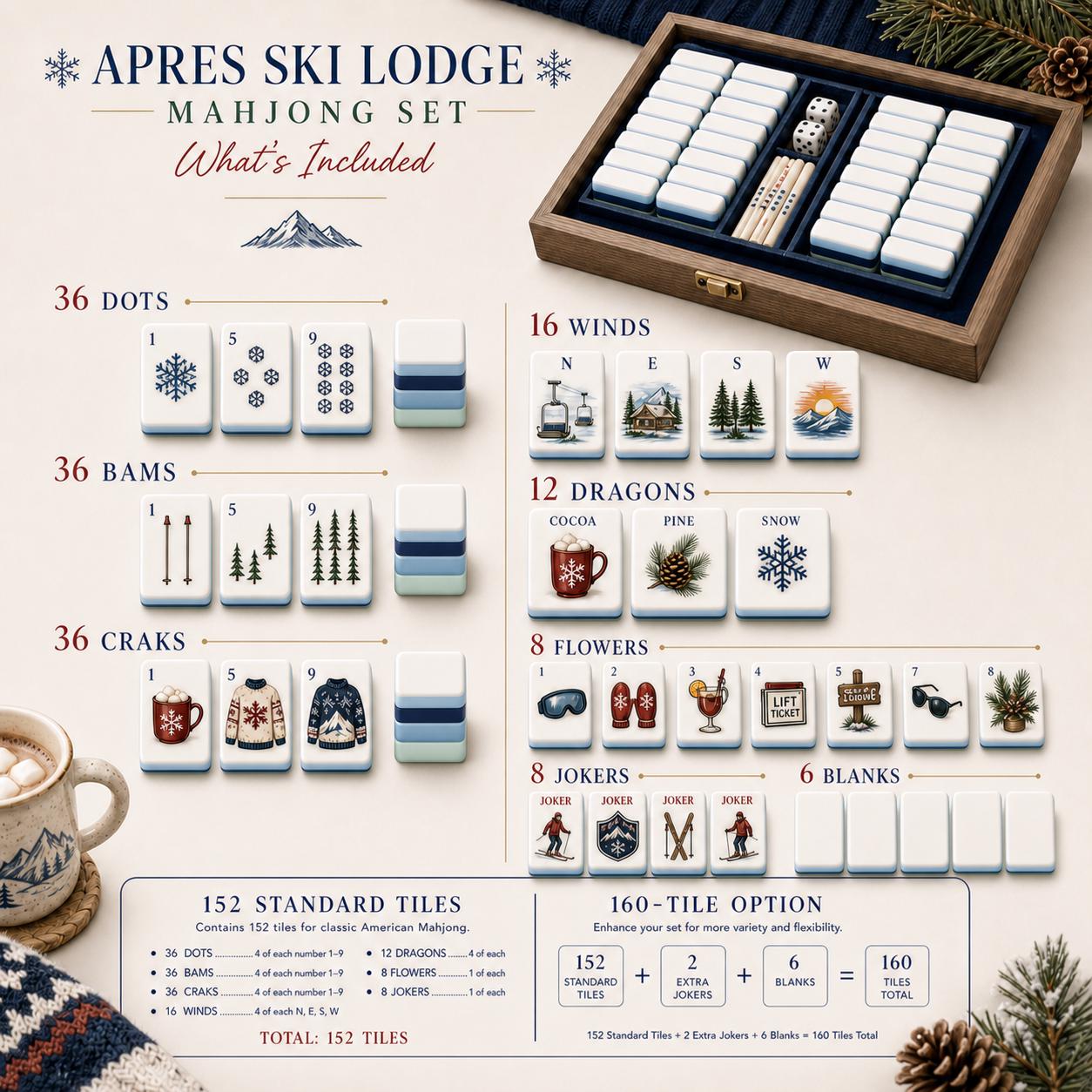 Winter Ski Resort American Mahjong Set, Cozy Alpine Themed Tiles, Mountain Cabin & Pine Trees, Holiday Gathering, Family