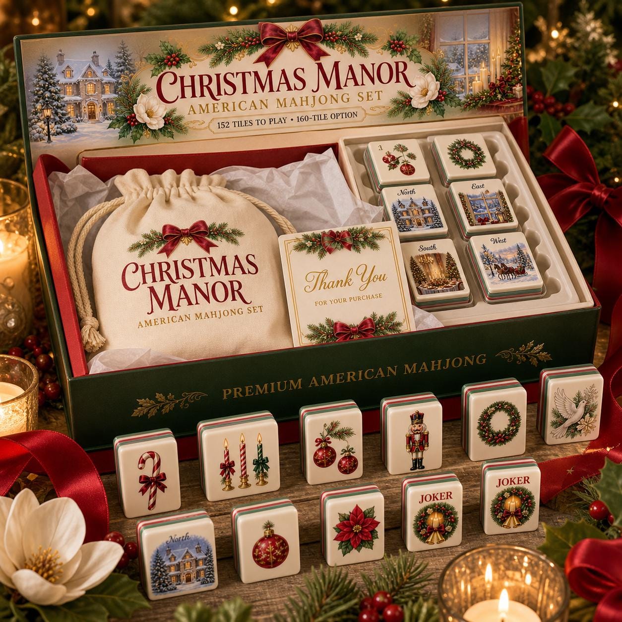 Christmas Holiday American Mahjong Tiles Set,Red Back Travel Mahjong, Holiday Poinsettia Wreath Dove Design,Festive Game