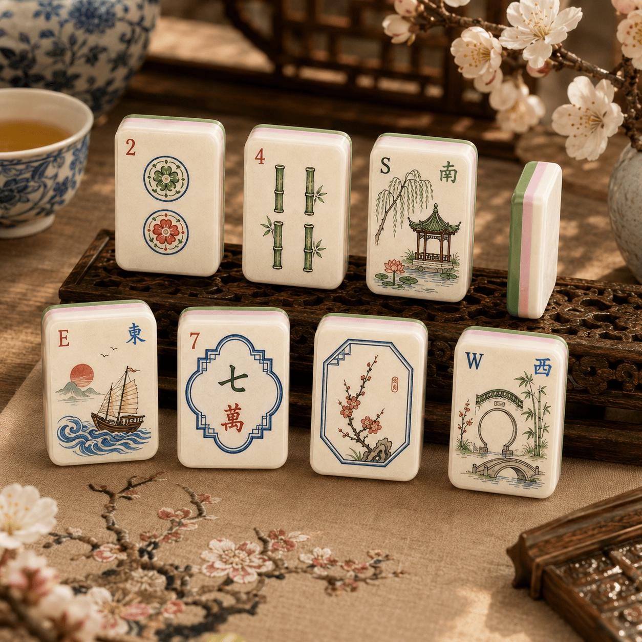 American Mahjong Set, 160 Acrylic Tiles, Retro Chinese Garden Art, Green Layered Edge, Mahjong Gift for Women and Game N
