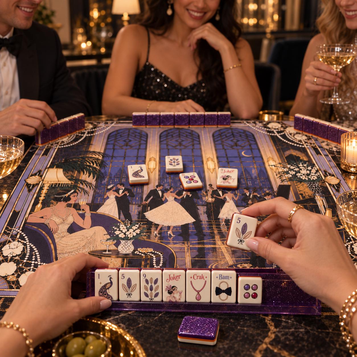 Cocktail Mahjong Set American Mahjong Tiles, Purple Luxury Design with Vintage Evening Party Style, Elegant Classic Game