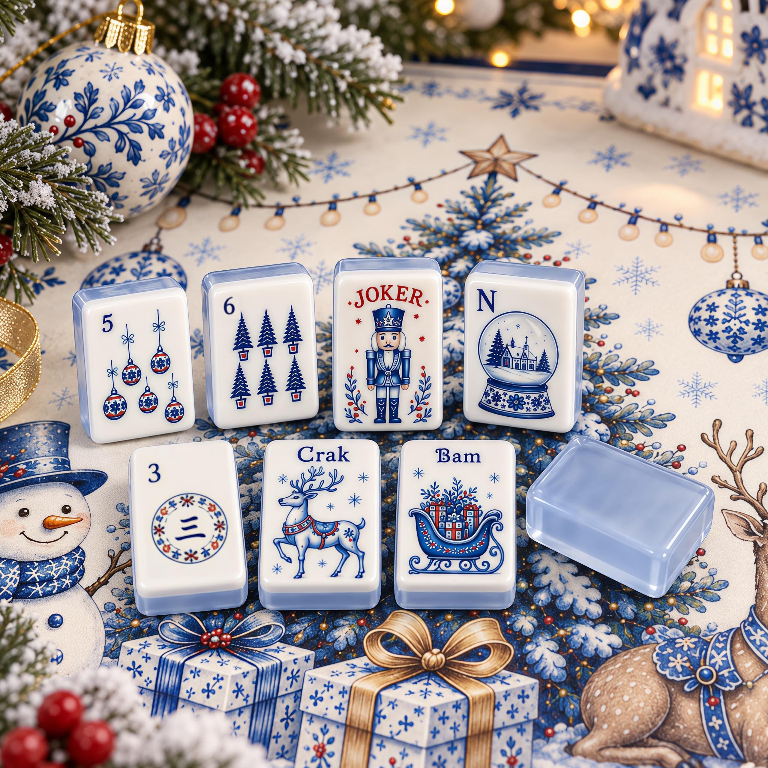 Blue White Christmas American Mahjong Set, Porcelain Style Acrylic 160 Tile Set, Winter Wonderland Mahjong Gift for Play