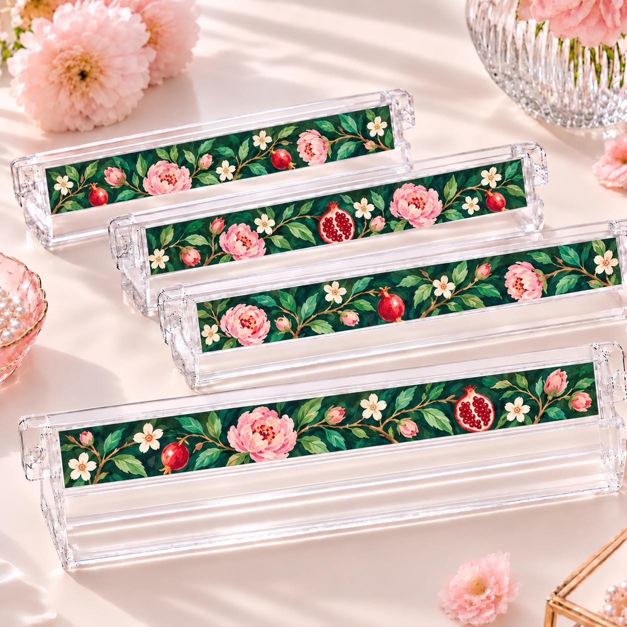 Pomegranate Floral 4-Layer Mahjong Tiles, Fall Botanical American Mahjong Set, Pink Green Acrylic Mahjong Tiles, Mahjong