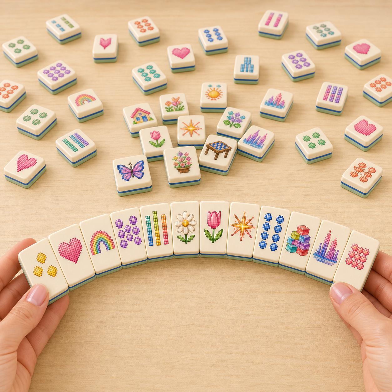 Pixel Art American Mahjong Tiles Set,Mint Green Back,Gradient Pixel Design,Cross-Stitch Style Game Tile,Retro Gaming Gif