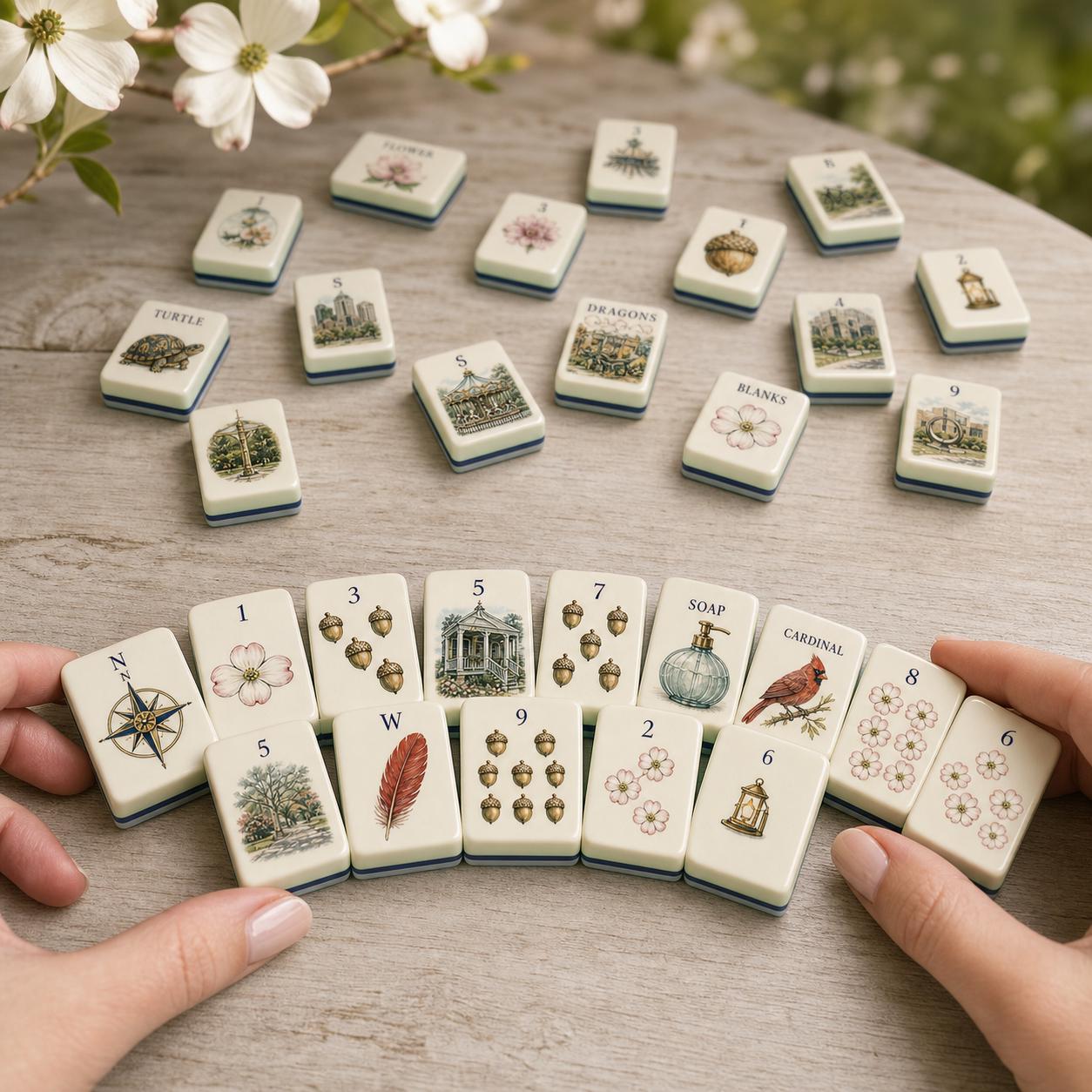 Raleigh Dogwood Garden American Mahjong Tiles, Travel Mahjong Set 1.2x0.9 Inch, Mint Green Back, Cardinal Oak Acorn Flor