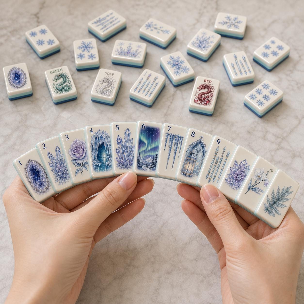 Snow Magic Winter Mahjong Set, American Style Ice Crystal Tiles, Frozen Aurora Geode Rose Castle Art, Holiday Game Night