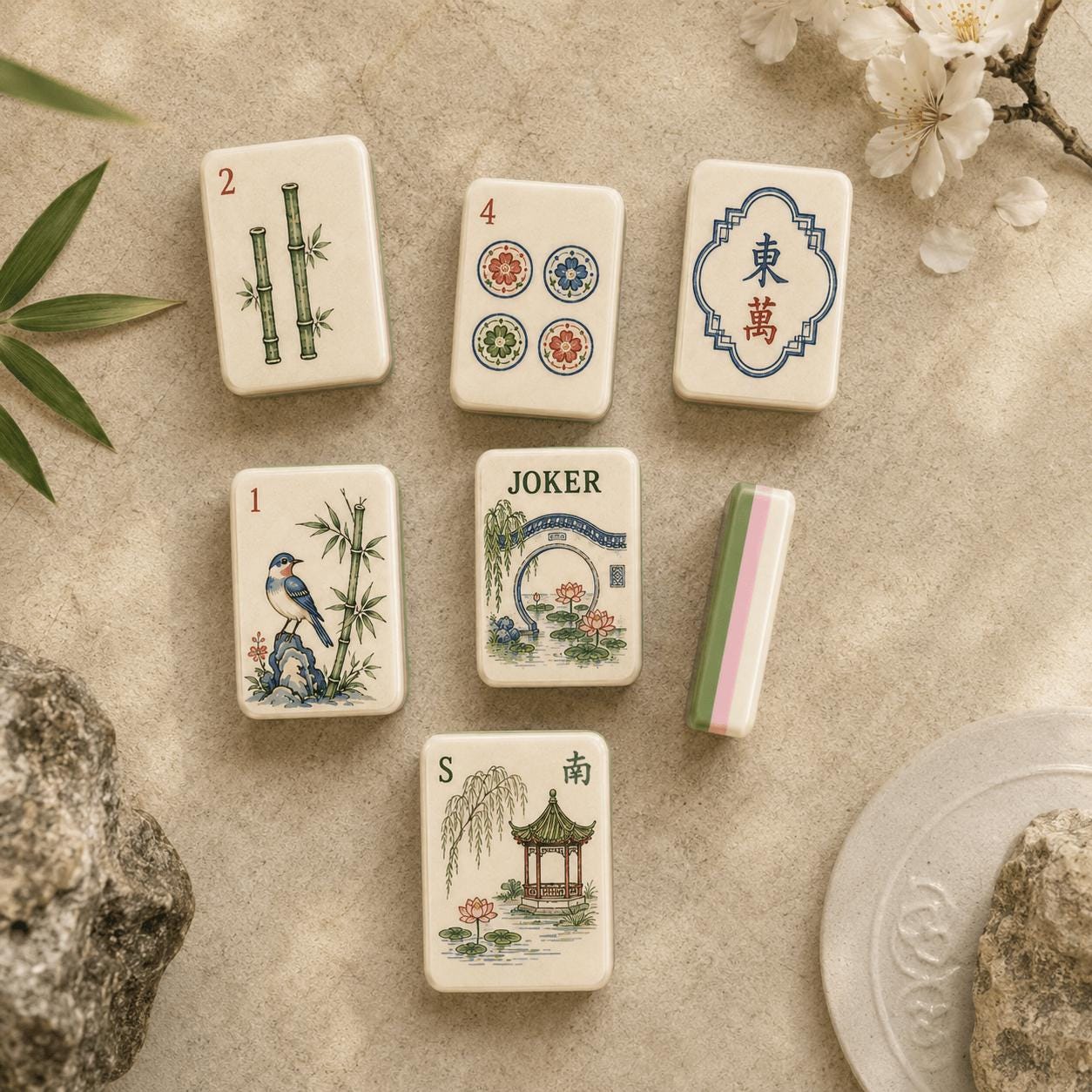 American Mahjong Set, 160 Acrylic Tiles, Retro Chinese Garden Art, Green Layered Edge, Mahjong Gift for Women and Game N