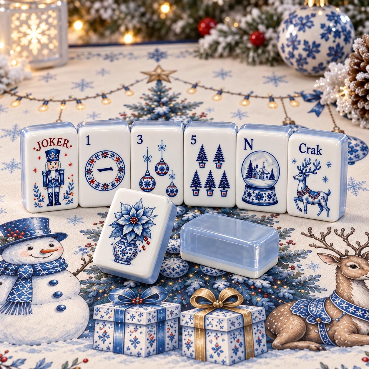 Blue White Christmas American Mahjong Set, Porcelain Style Acrylic 160 Tile Set, Winter Wonderland Mahjong Gift for Play