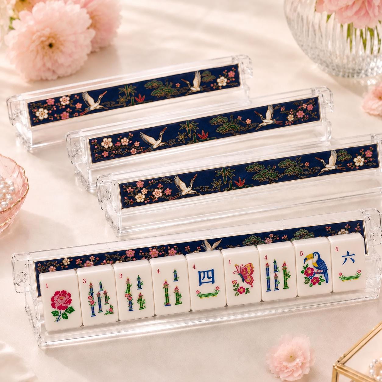 Retro Floral Mahjong Tiles, Mid Century Flower Mahjong Set, Pink Green Acrylic Game Tiles, Colorful Vintage Mahjong Love