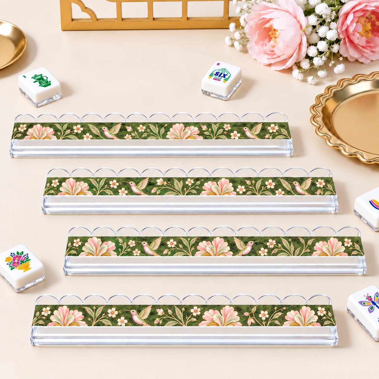 Green Floral Mahjong Tiles, Pink Green Iris Hummingbird Mahjong Set, 4-Layer Acrylic Mahjong Tiles, Mahjong Gift for Her