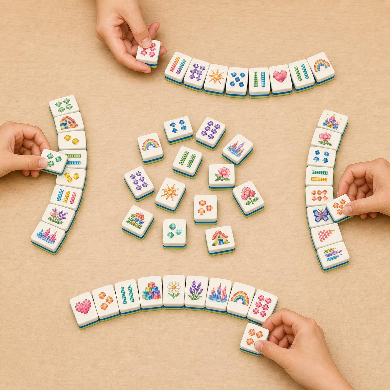 Pixel Art American Mahjong Tiles Set,Mint Green Back,Gradient Pixel Design,Cross-Stitch Style Game Tile,Retro Gaming Gif
