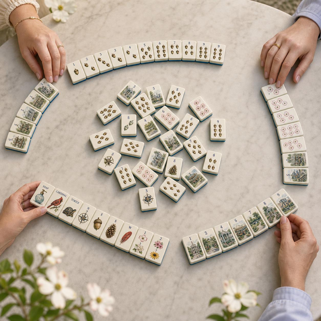 Raleigh Dogwood Garden American Mahjong Tiles, Travel Mahjong Set 1.2x0.9 Inch, Mint Green Back, Cardinal Oak Acorn Flor